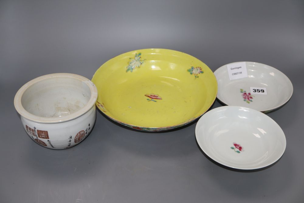 Four pieces of Chinese ceramics including a miniature jardiniere, diameter 25cm